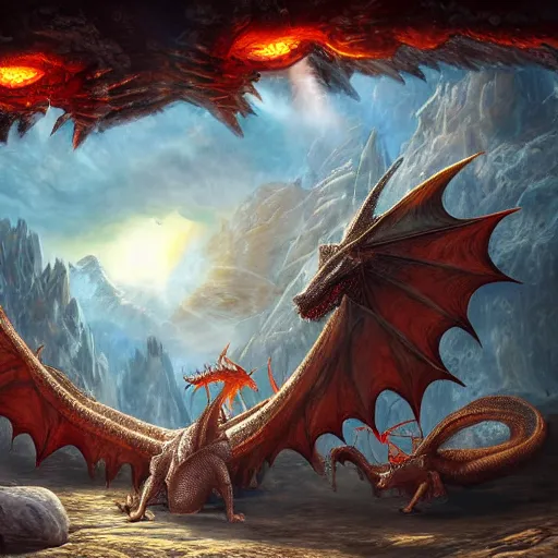 Image similar to family of dragons living in a base on the sun, digital art, highly detailed, epic composition, cinematic lighting