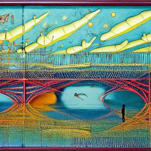 Image similar to aesthetic by george pemba, by heinrich lefler mexican muralism, charming. a sculpture of a group of flying islands, each with its own unique landscape, floating in the night sky. the islands are connected by a network of bridges. a small group of people can be seen walking along one of the bridges.