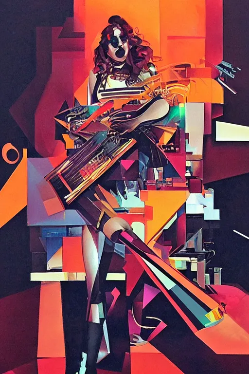 Prompt: wideangle action, portrait of a crazy heavy metal guitarist girl, decoherence, synthwave, glitch!!, fracture, vortex, realistic, hyperdetailed, concept art, golden hour, art by syd mead, cubism