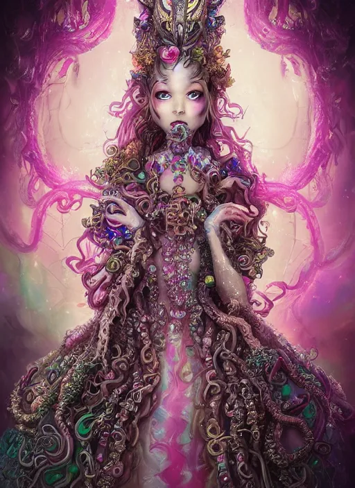 Prompt: A full body shot of a cute and mischievous monster princess made of tentacles wearing an ornate ball gown covered in jewels. Fancy Dress. Subsurface Scattering. Translucent Skin. Rainbow palette. rainbowcore. Eldritch Beauty. defined facial features, symmetrical facial features. Opalescent surface. beautiful lighting. By Giger and Ruan Jia and Artgerm and WLOP and William-Adolphe Bouguereau. Photo real. Hyper-real. Photorealism. Fantasy Illustration. Sailor Moon hair. Masterpiece. trending on artstation, featured on pixiv, award winning, cinematic composition, dramatic pose, sharp, details, Hyper-detailed, HD, HDR, 4K, 8K.