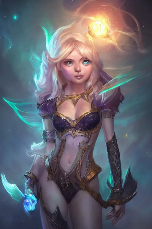 Image similar to portrait of lux from league of legends, wielding light magic, photorealistic fantasy castle city, full body, powerful, fantasy, intricate, elegant, highly detailed, digital painting, artstation, concept art, sharp focus, illustration, art by irina french