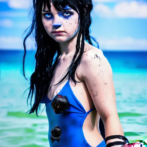 Prompt: a dnd Triton girl with blue skin and messy black hair wearing a black swimsuit sitting on the deck of a ship and holding an apple, a little blue-skinned girl with messy black hair sharp pointed ears freckles along the ridges of her cheeks, dnd triton, high resolution film still, 4k, HDR colors