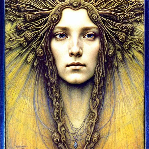 Image similar to detailed realistic beautiful young medieval queen face portrait by jean delville, gustave dore, zdzisław beksinski and marco mazzoni, art nouveau, symbolist, visionary, gothic, pre - raphaelite, art forms of nature by ernst haeckel, memento mori