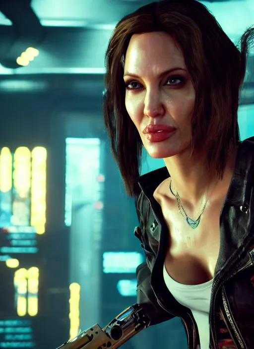 Image similar to film still of Angelina Jolie as Johnny Silverhand in Cyberpunk 2077, gameplay, 8k, HD