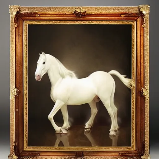 Prompt: an all white horse, with no facial features, like a white mask pulled over their face, full body laying in a blood red pool of water there is an overhead glowing floating golden mirror frame, inspired by the bohemian grove sacrifice ritual and outside the mirror frame is a deep space, physically accurate, dynamic lighting, intricate, elegant, highly detailed, very very Roberto Ferri, sharp focus, very very unsettling, very terrifying, illustration, art