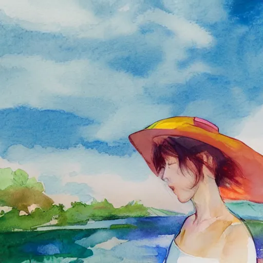 Prompt: a woman with a white dress and a white hat in a colorful boat in the middle of a river, watercolor, clouds, daylight, blue sky