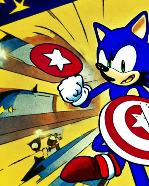 Image similar to sonic the hedgehog with captain america's shield promoting the war against capitalism propaganda poster, communist propaganda