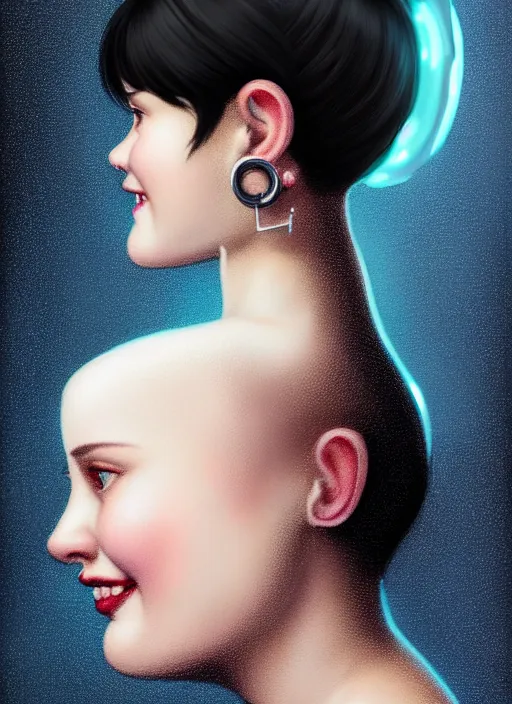 Prompt: portrait of white teenage girl, narrow face, short black hair, bangs, half updo hairstyle, buck teeth, smile, unattractive, defined jawline, long chin, wearing hair bow, earrings, intricate, elegant, glowing lights, highly detailed, digital painting, artstation, sharp focus, illustration, art by wlop, mars ravelo and greg rutkowski