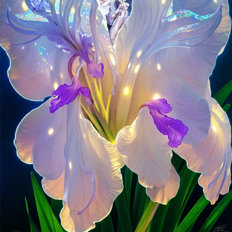 Image similar to detailed giant white holographic orchid iris hybrid flower, lsd water, lsd ripples, droplets, backlit, sunset, refracted lighting, art by collier, albert aublet, krenz cushart, artem demura, alphonse mucha