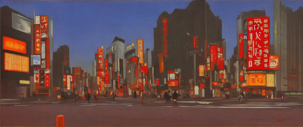 Prompt: an edward hopper style painting of a busy road in tokyo shibuya, blood moon