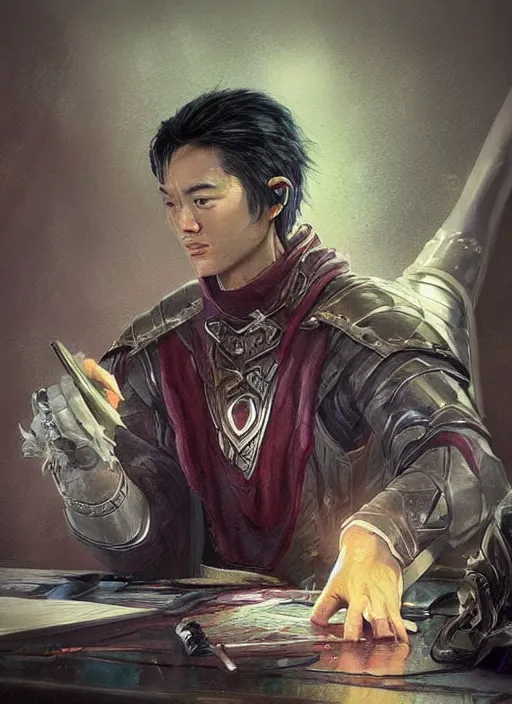 Image similar to asian with medium black hair man sitting at his desk look down at me, low angle, camera low, dndbeyond, bright, colourful, realistic, dnd character portrait, full body, pathfinder, pinterest, art by ralph horsley, dnd, rpg, lotr game design fanart by concept art, behance hd, artstation, deviantart, hdr render in unreal engine 5