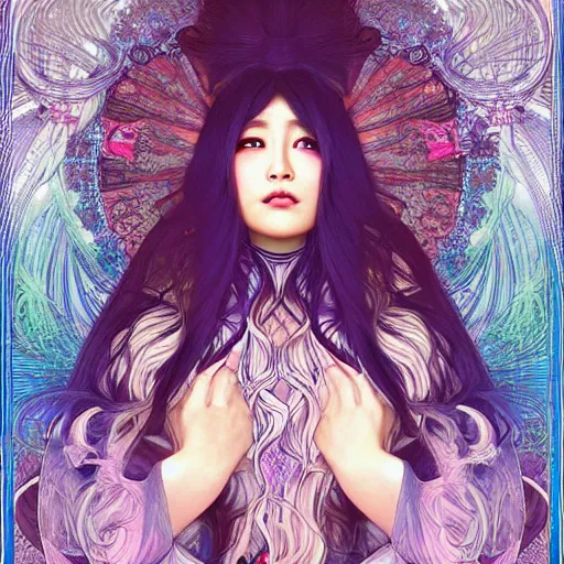 Image similar to asian, queen of monsters, symmetrical face, symmetrical body, artgerm, flowing hair, portrait, muted colors, artstation, character concept art, border and embellishments inspiried by alphonse mucha, fractals in the background, galaxy