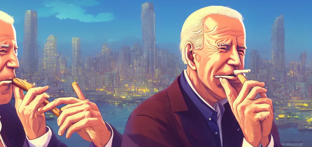 Image similar to ⁠portrait of Joe Biden Smoking a cigar , Karachi skyline background, rich vivid colors, ambient lighting, dynamic lighting, 4k, HQ, official media, anime key visual, makoto shinkai, ilya kuvshinov, lois van baarle, rossdraws, detailed, trending on artstation