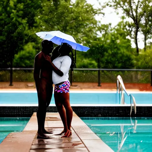 Prompt: african american man and blonde woman kissing in the rain at a pool.