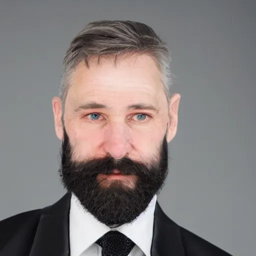 Image similar to studio photo of a handsome middle aged caucasian man, with pale skin, long wavy black hair, full beard, hooked nose, wearing a black suit, 8k, high resolution,