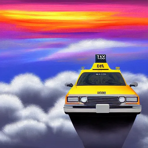 Prompt: 1980s taxi car floating above the clouds at sunset, digital art painting