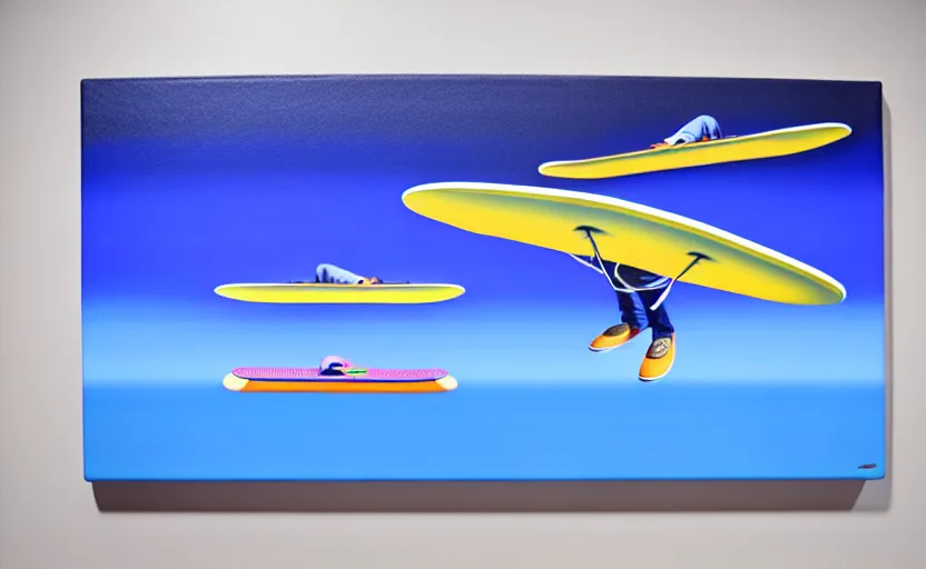 Image similar to flying skate boards by shusei nagaoka, kaws, david rudnick, airbrush on canvas, pastell colours, cell shaded!!!, 8 k