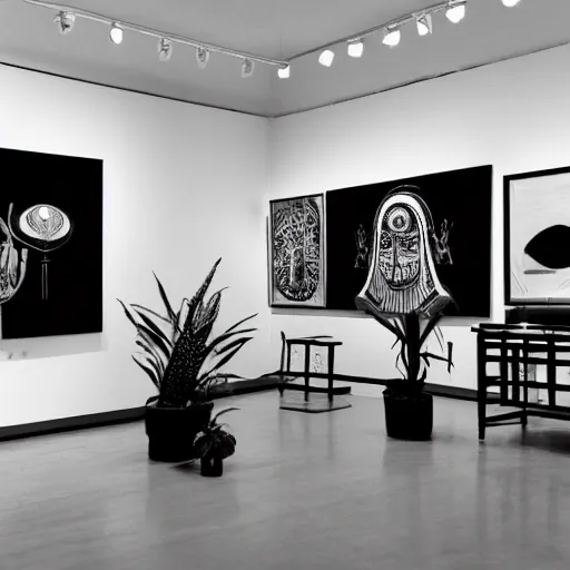 Image similar to A black and white photographie of an exhibition space with works of Sun Ra, Marcel Duchamp and tropical plants