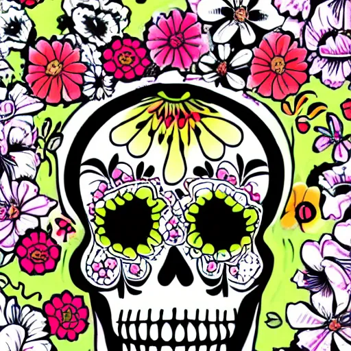 Prompt: a catrina skull covered in flowers, colorful illustration