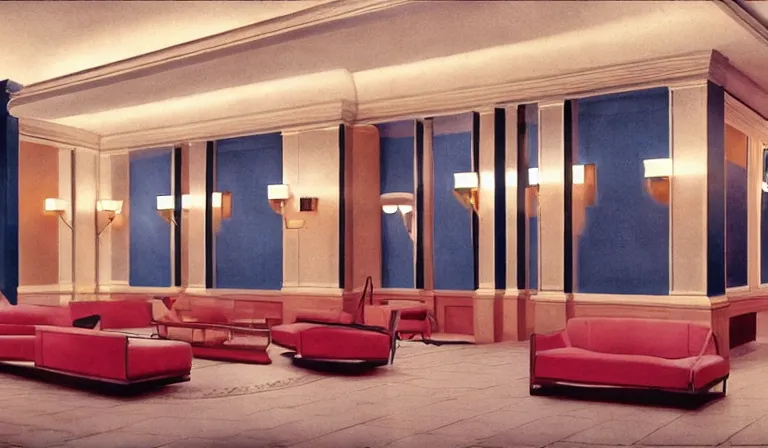 Image similar to a beautiful, sharp focus, clean lines. the interior of a 1 9 4 0 s art deco luxury hotel lobby. vaporwave ombre rendering. outrun style. trending on artstation. recommended for you behance. wes anderson colors. by chris moore. by edward hopper. ambient occlusion. digital matte painting. metropolis filmic. gotham city.