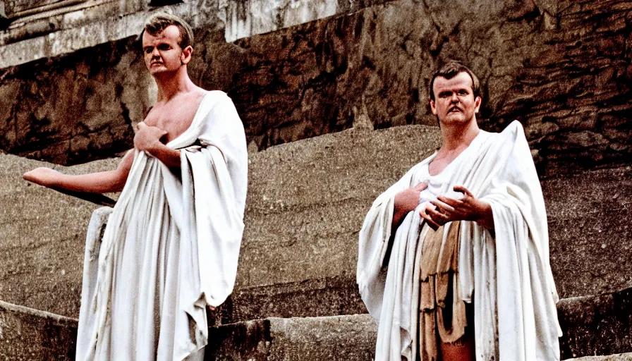 Image similar to 1 9 6 0 s movie still close - up of caligula in a white toga dead on the ancient amphitheater's stairs, cinestill 8 0 0 t 3 5 mm, high quality, heavy grain, high detail, dramatic light, anamorphic, blood