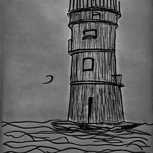 Prompt: dark colours ink drawing of lighthouse by Tove Jansson