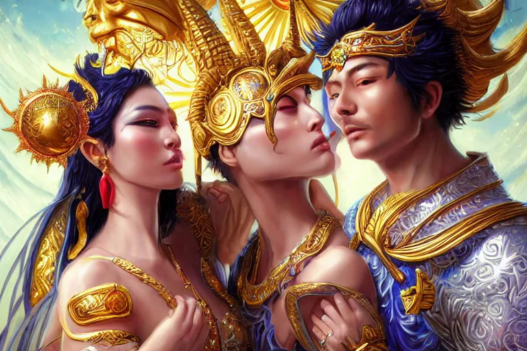 Image similar to close up moment of a divine a sun god and a moon goddess lovers magician at a wedding banquet, highly detailed, d & d, fantasy, highly detailed, digital painting, trending on artstation, concept art, sharp focus, asian feature, illustration, art by artgerm and daniel gerhartz and magali villeneuve