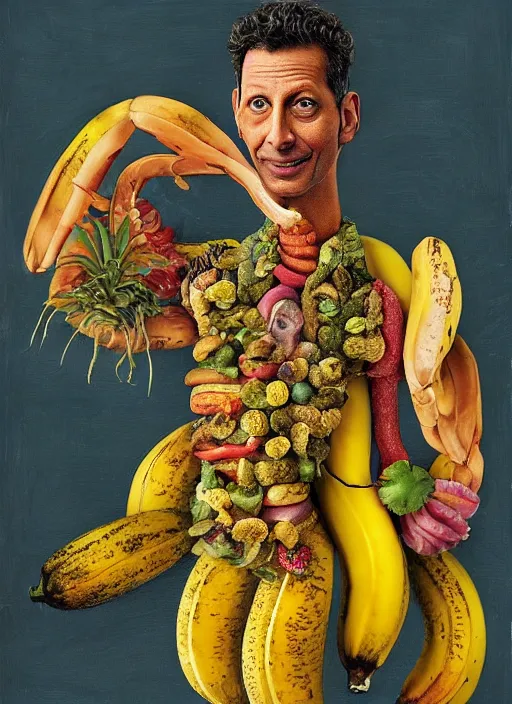 Prompt: jeff goldblum as a banana on the sand of a beach by arcimboldo giuseppe