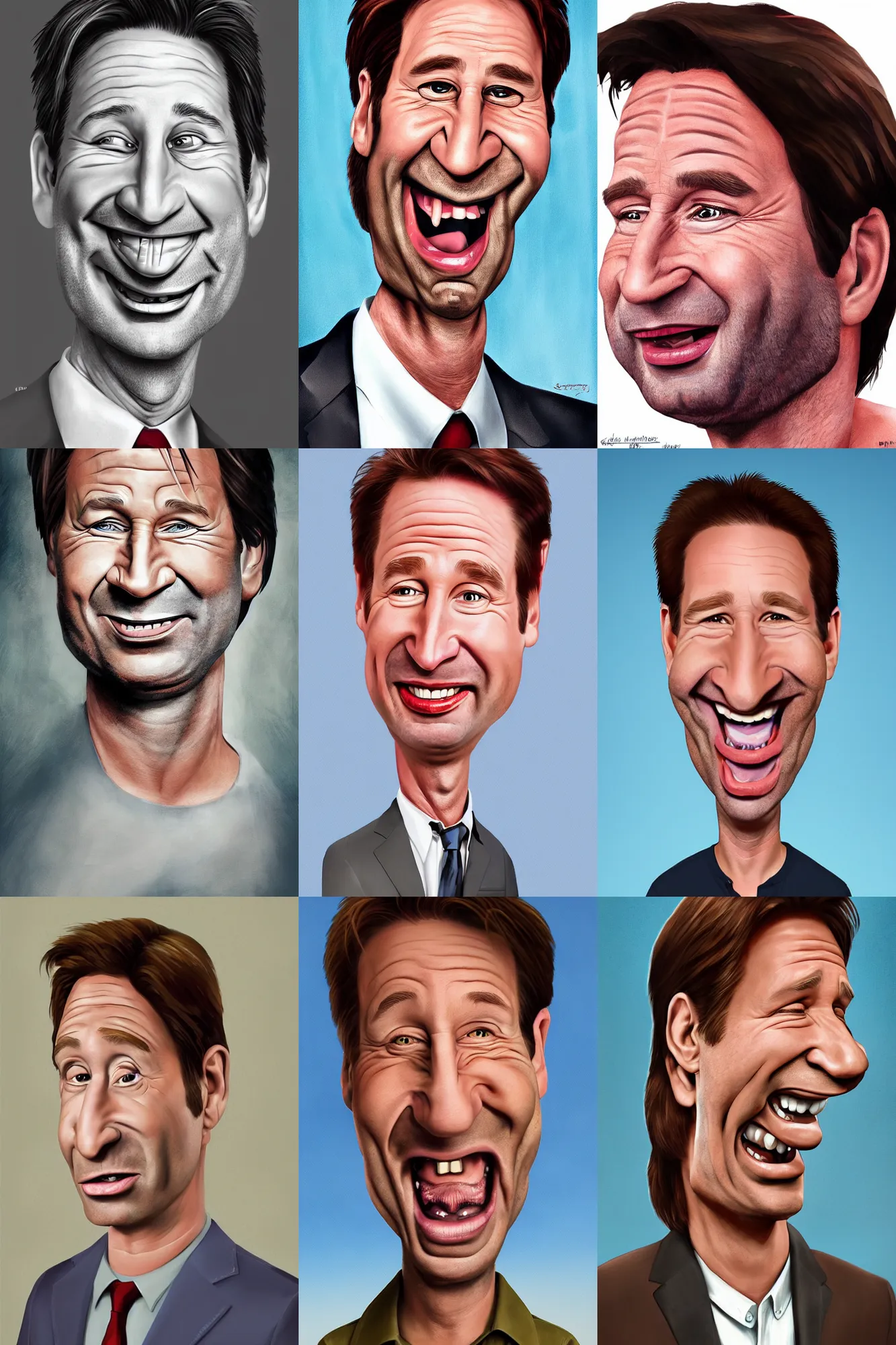 Prompt: very exaggerated caricature of david duchovny, art by sebastian kruger, high quality, 4 k