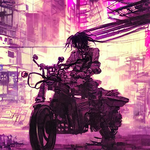 Image similar to portrait painting of a street samurai with long purple hair riding a motorcycle through a burning cyberpunk slum, glitch, concept art, intricate details, eerie, highly detailed, art by tsutomu nihei