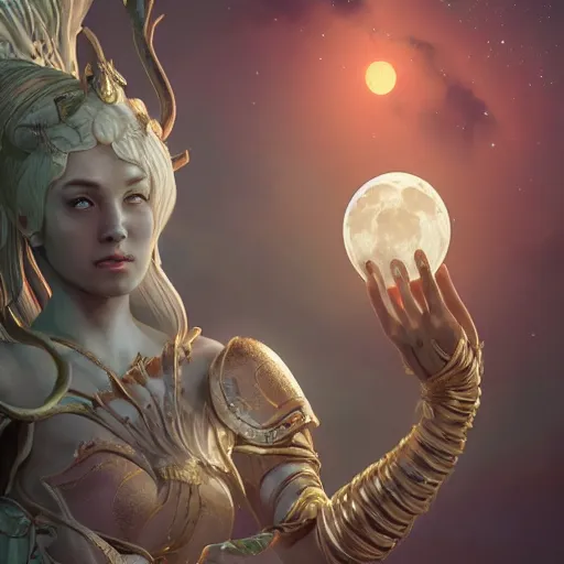 Prompt: [ artemis holding the moon in her hands ]!!, closeup!!, filling it with magical energy, digital art, tarot card, portrait!!, trending on polycount, cgsociety contest winner, digital art, 4 k, sharp, detailed, intricate, illustrated by greg rutkowski, zbrush, unreal engine 5