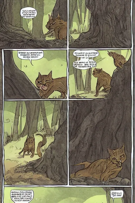 Image similar to a graphic novel comic about warrior cats, by mike holmes, by james l barry