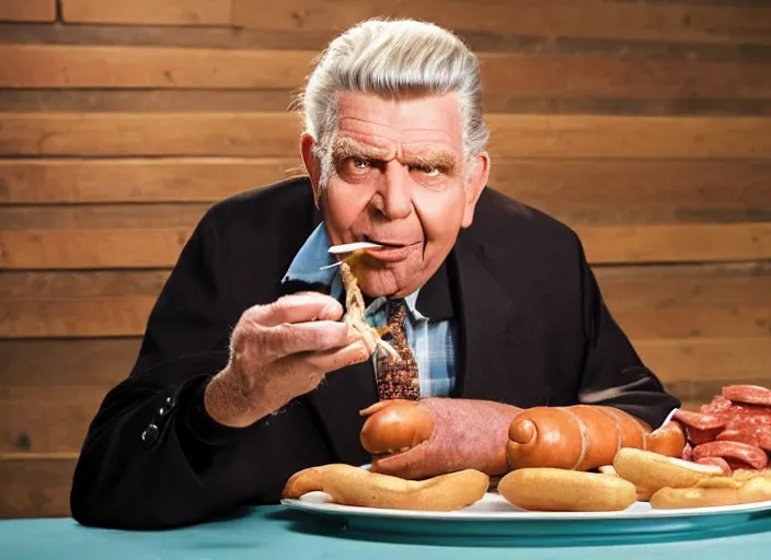 Prompt: photo still of andy griffith as matlock at shoneys!!!!!!!! at age 7 6 years old 7 6 years of age!!!!!!!! enjoying sausage, 8 k, 8 5 mm f 1. 8, studio lighting, rim light, right side key light