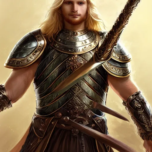 Prompt: Portrait of a beautiful male cleric with long flowing blonde hair wearing burnished bronze armour emblazoned with a swan on the breastplate. Wielding a magical scimitar embossed with the phases of the moon. Magic, bright divine lighting, flux. High fantasy, digital painting, HD, 4k, detailed by Ruan Jia