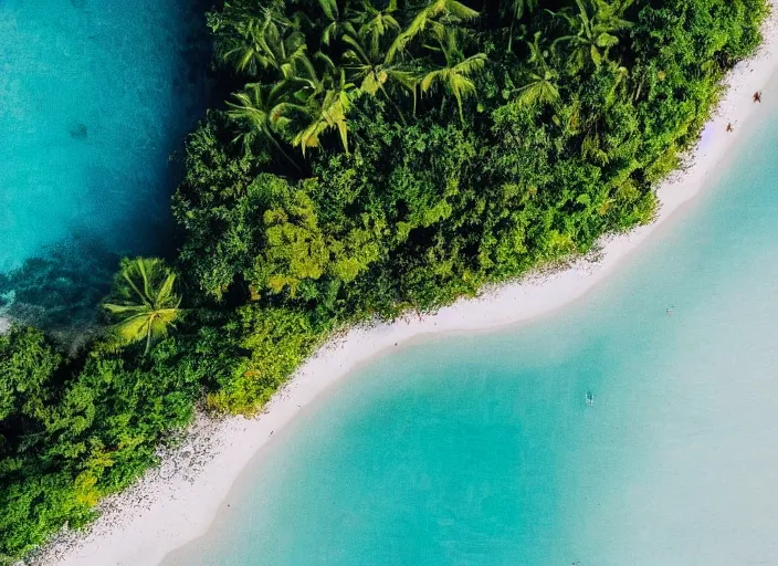 Prompt: aerial view of a beautiful beach with tropical trees, sunny day, cinematic, beautiful light