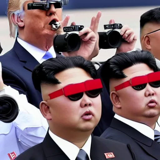 Prompt: donald trump and kim jong un using binoculars, at a military parade