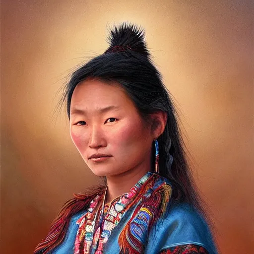 Image similar to portrait of a young yakuts woman ( 3 5 ) from yakutia, sakha republic, russia in 2 0 2 1, an oil painting by ross tran and thomas kincade