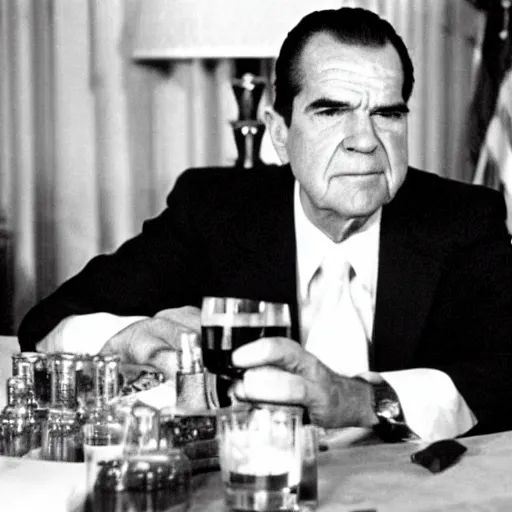 Image similar to Richard Nixon drinking whiskey in the oval office