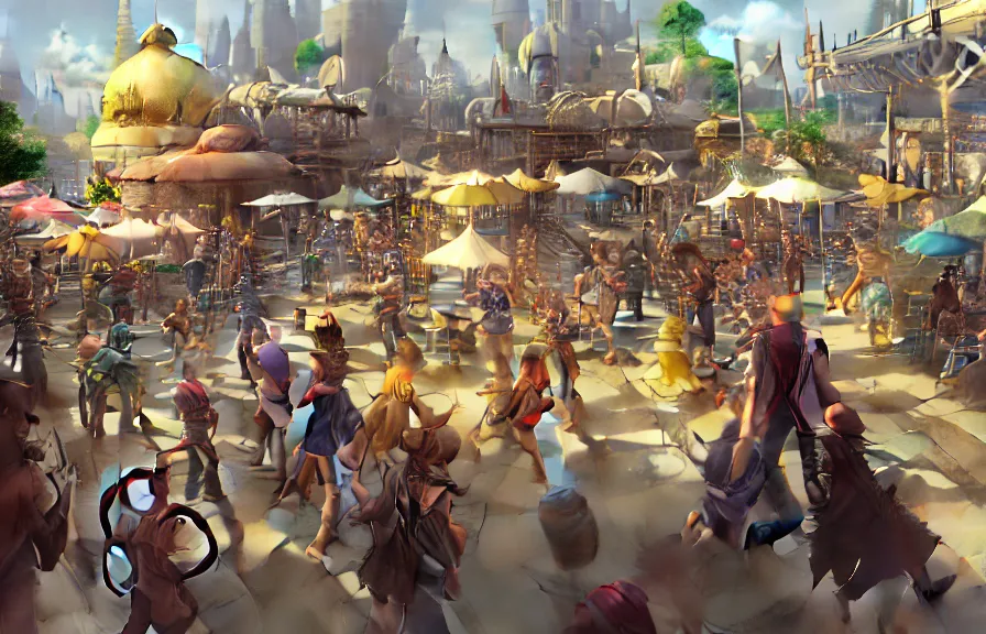 Image similar to greg manchess concept art of the millennial fair from chrono trigger, outdoor fairgrounds, striped pavillions, leene's bell, key visual, ambient lighting, highly detailed, digital painting, artstation, concept art, sharp focus, by makoto shinkai and akihiko yoshida and hidari and wlop and greg rutkowski