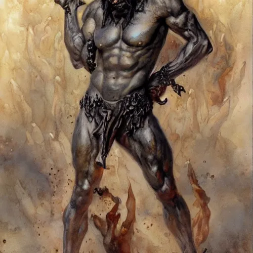 Image similar to Roguish Picaro Dsurion stands at the gates of Hades Hand Crafted By Rodin. Painting by Donato Giancola Jeff Simpson stamp watercolor