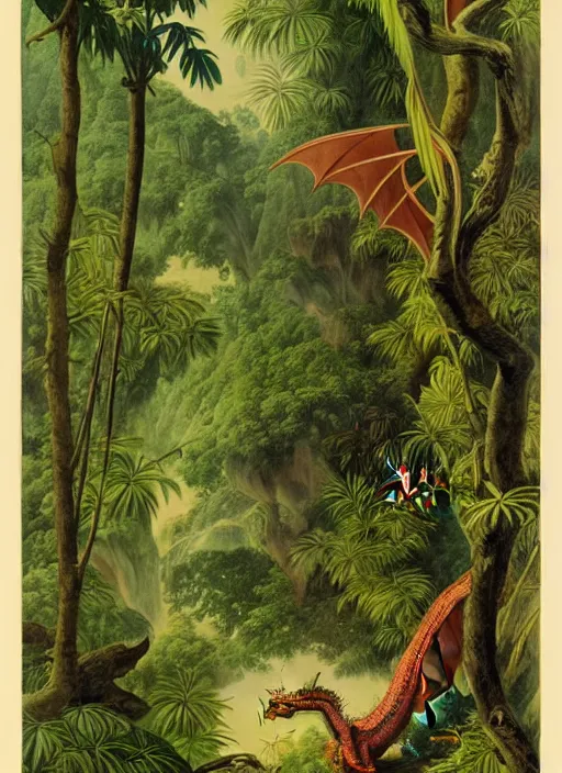 Image similar to vintage dragon in a tropical forest, john james audubon