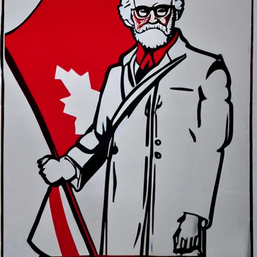 Image similar to Colonel Sanders holding a revolutionary flag, Soviet propaganda style, red back and white, epic detail, poster,