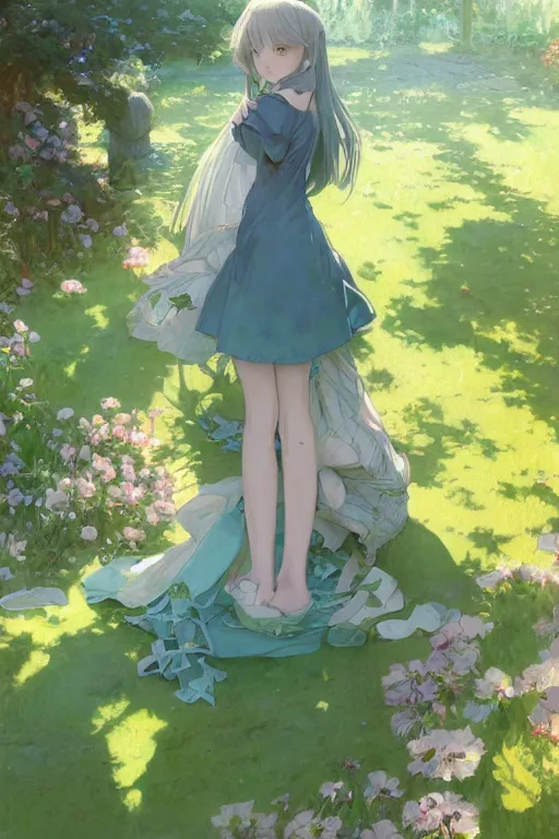 Image similar to a depressed digital art, loli in dress, garden, green and warm theme, blue accents, back lighting, highly detailed, 4 k resolution, trending on art station, by krenz cushart and mucha and akihito yoshida and greg rutkowski and makoto shinkai