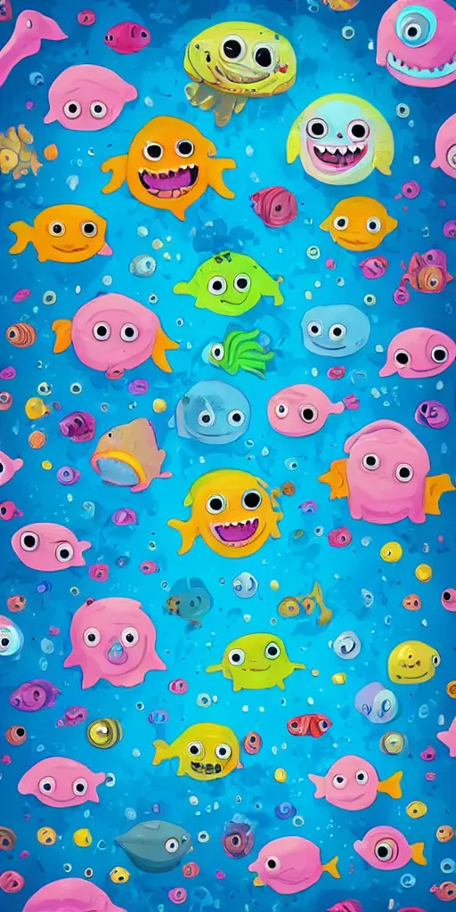 Prompt: colorful cloudy deep sea under water with strange cute friendly happy creatures with huge eyes, mouth, long tongue and round teeth appearing from sandy coral