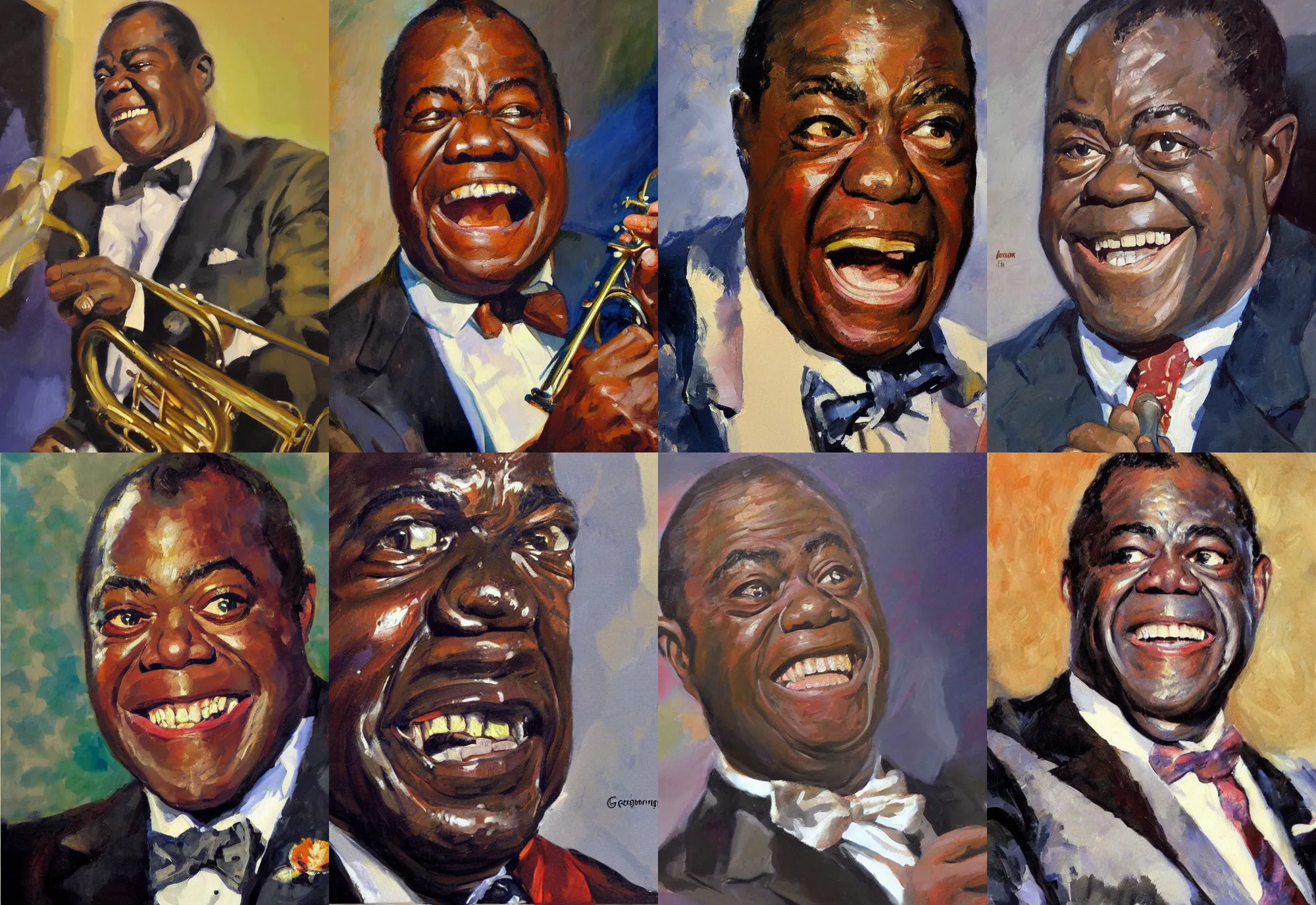 Prompt: a close - up portrait of louis armstrong, by greg manchess, highly detailed oil painting