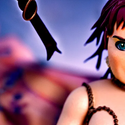 Prompt: a cinematic film still of a claymation stop motion film starring lucy lawless as xena warrior princess, shallow depth of field, 8 0 mm, f 1. 8