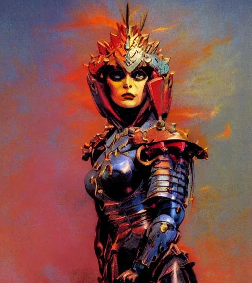 Image similar to portrait of strong female chaos angel, beautiful! coherent! by frank frazetta, by brom, strong line, vivid neon color, spiked metal armor, iron helmet maximalist