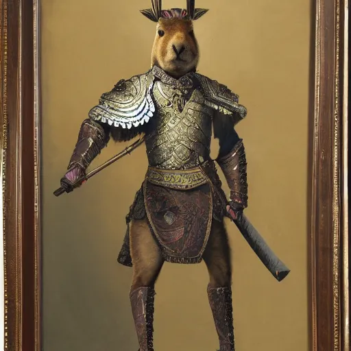 Prompt: fine art painting of an anthropomorphic capybara warrior in full intricate armor, ultra detailed,