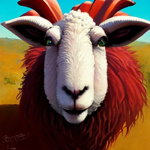 Prompt: A sheep with red whool and pointy Vampire teeth by Stanley Artgerm Lau, WLOP, Rossdraws, James Jean, Andrei Riabovitchev, Marc Simonetti, and Sakimichan, trending on artstation