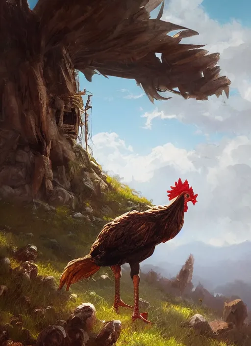 Image similar to giant chicken legs below witch hut, greg rutkowski, zabrocki, karlkka, jayison devadas, trending on artstation, 8 k, ultra wide angle, zenith view, pincushion lens effect